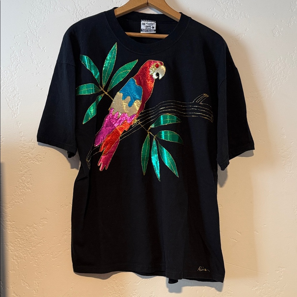 Vintage Black T-Shirt with Colorful Parrot Appliqué